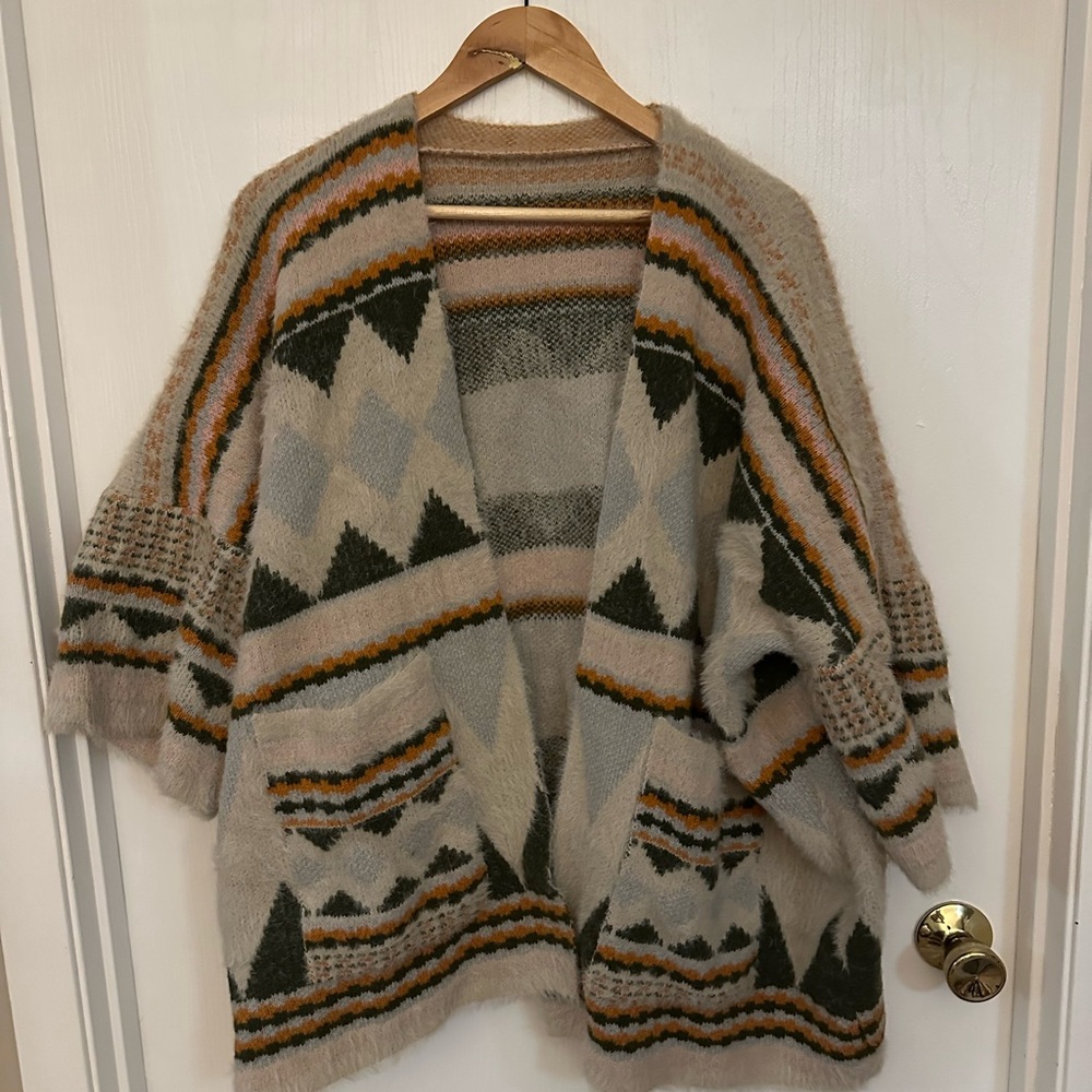 Beige, Tan, Dark Brown Geometric Cardigan Sweater